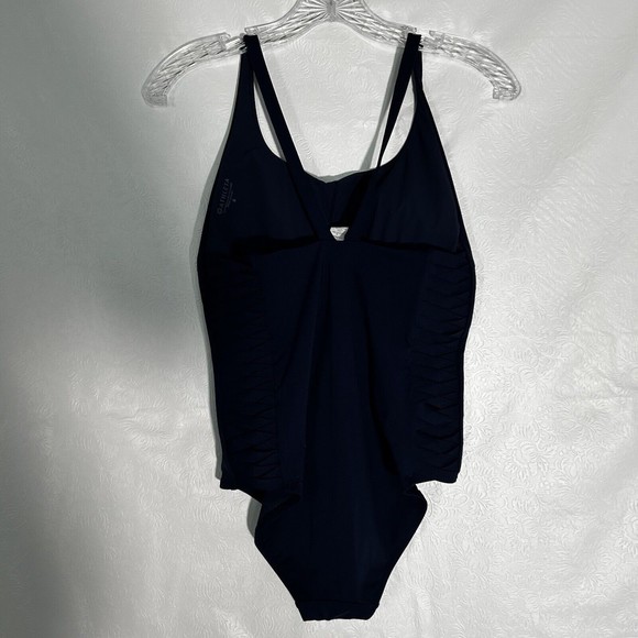 Athleta Adriata Womens Sz S One Piece Swimsuit Navy Blue Woven Panel Round Neck - Picture 5 of 15